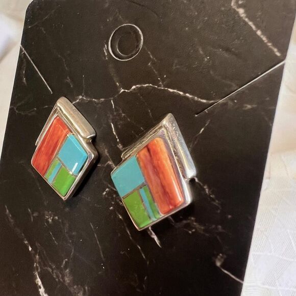 VTG A Francisco Native Navajo Spiny Oyster Turquoise Sterling Vintage Earrings - Picture 3 of 10